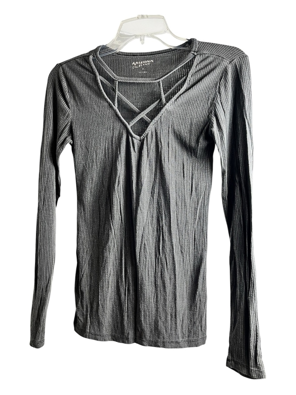 Arizona Jean Company Gray Ribbed Long-Sleeve Crisscross Top
